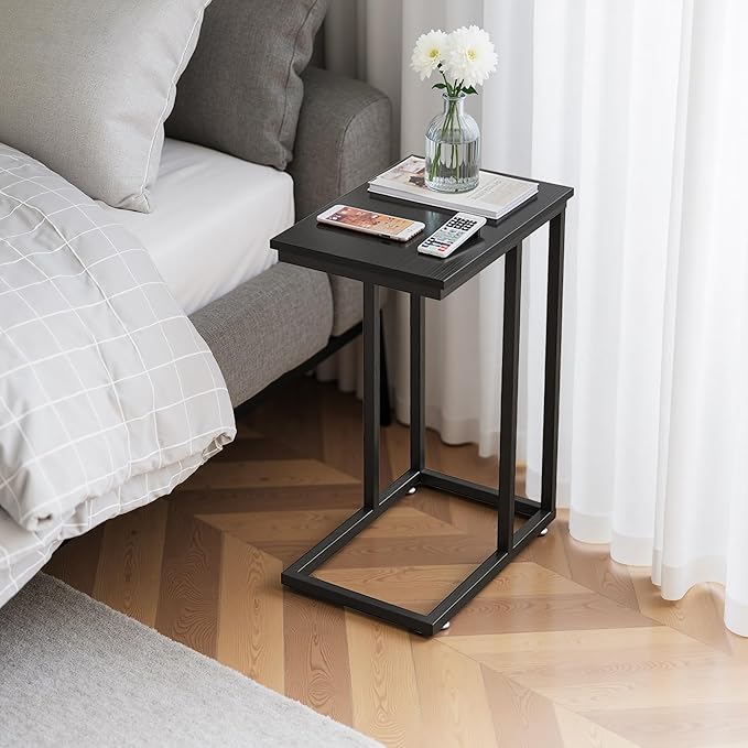 VECELO C Shaped End Side Table for Sofa Couch and Bed Snack TV Tray for Living Room Bedroom, 1 PCS,Black