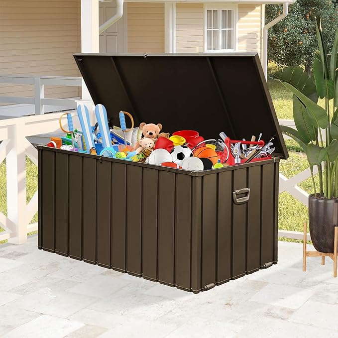 Domi 200 Gallon Metal Deck Box Waterproof, Outdoor Storage Box with Lock Wheels Side Handles Outside Storage Box for Patio Cushions, Shoes & Pool Tools