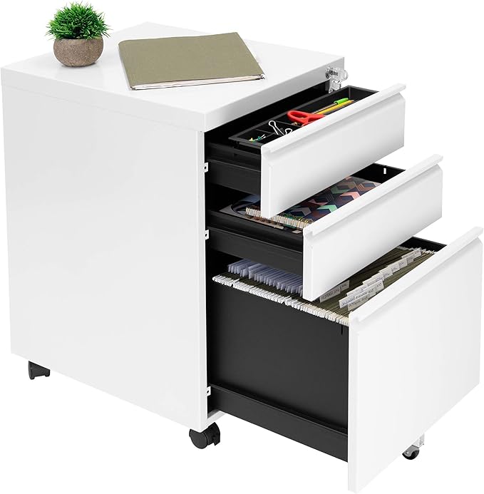 Mount-It! 3 Drawer Cabinet for Under Desk with Wheels | Rolling Storage with Lock for Supplies, Files, and Materials, Mobile Space Saving for Home and Office (White)