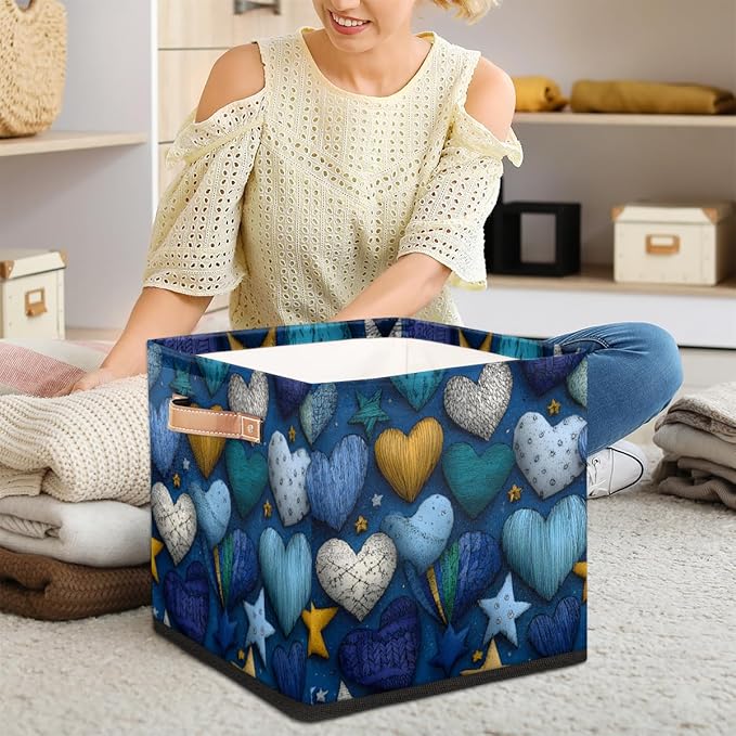 TropicalLife 13x13x13 Inch Large Fabric Storage Cube Vintage Valentine's Day Hearts Foldable Storage Bin with Handles Organizer Boxes Cube Basket for Shelves Organizing Closet