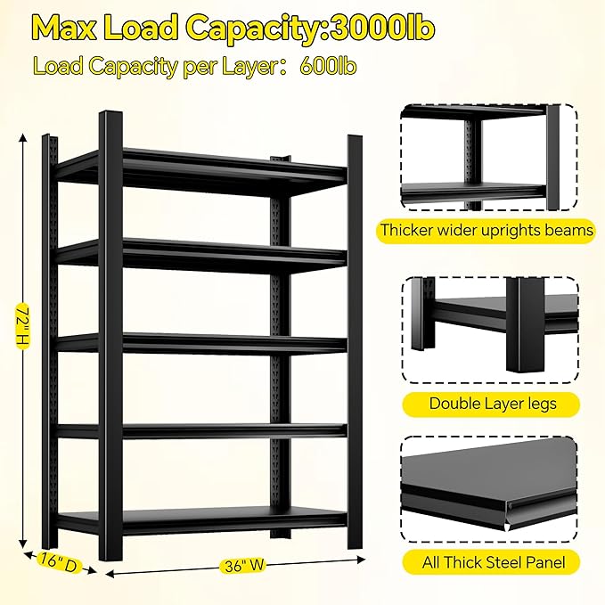 CJF Adjustable Garage Storage Shelves, 5-Tier Garage Shelving Heavy Duty, Metal Industrial Utility Shelf for Warehouse, Kitchen, Laundry Room,Warehouse-Black (71 "H x 36" W x 16" D)