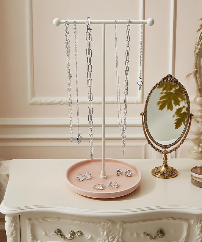 VROOMIUM Necklace Holder Stand - 6in Ceramic Base X 1ft Height, Aesthetic Decor for Bedroom, Jewelry Organizer for Necklace, Bracelets, Rings, Exhibidor de Collares- Romantic Pink