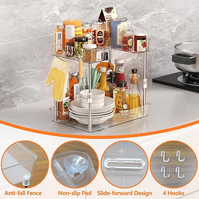 2 Tier Lazy Susan Organizer with 4 Hooks, 15" 2-Tier Lazy Susan Turntable for Cabinet, Counter Organizer Tray for Kitchen, Bathroom