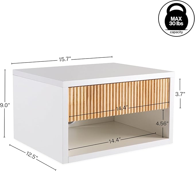 JONATHAN Y NST2001B Elise 15.71" Classic Contemporary Floating Wall Mounted Nightstand with Soft-Close Tambour Drawer and Cable Hole, White/Light Oak