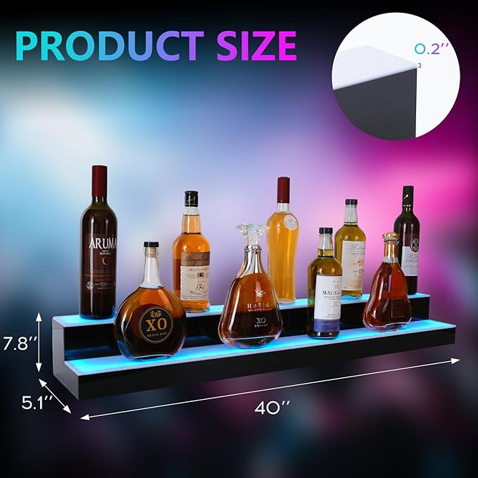 Led Lighted Liquor Bottle Display Shelf, 40 Inch 2 Tier Whiskey Rack, Support USB, Bar Stand with RF Remote & App Control, Illuminated Acrylic Lighting Shelves for Home Bar, Party
