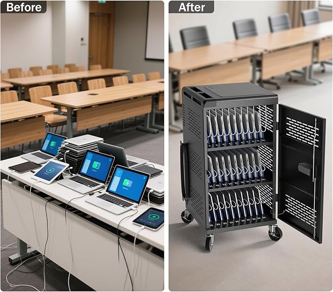 4 Pack | Fully Assembled 30 Bay Multi Device Charging Station for Chromebook,iPad,14'' Laptop,Pre Built Computer Charging Cart with Charger Cable Management,Circuit Breaker,Grounding Protection(Black)