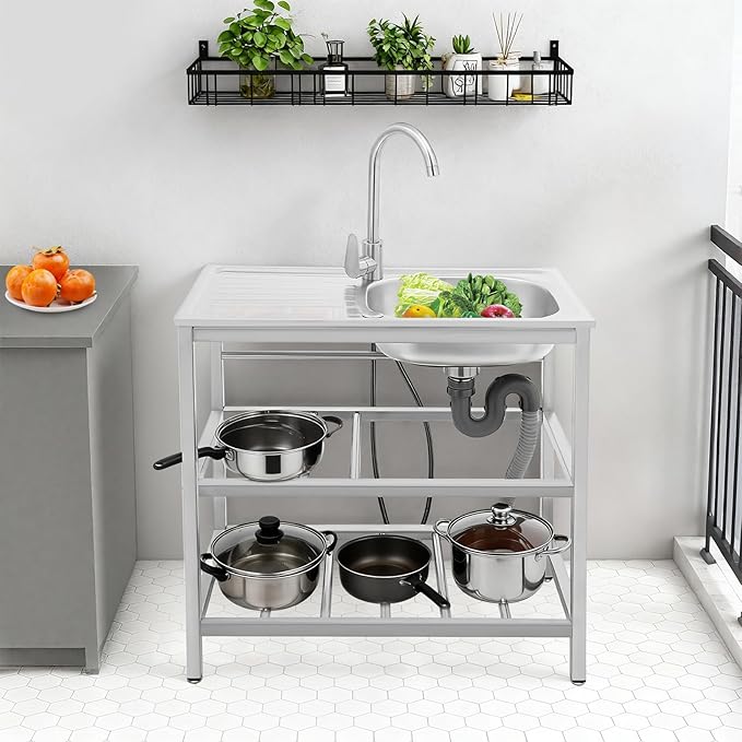 30" Stainless Steel Sink Kitchen Utility Sink with 360° Hot/Cold Faucet Freestanding Workbench 2 Layer Shelf Set for Modern Farmhouse Restaurant Hotel Garage and Laundry Room Outdoor Use