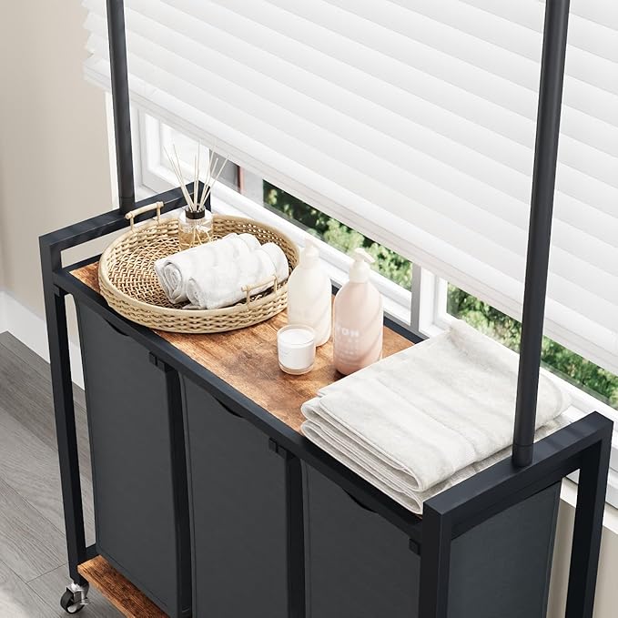 GarveeHome Rolling Laundry Cart with Hanging Rack & Utility Shelf | 3-Section Laundry Sorter Hamper with Lockable Wheels | Laundry Basket Organizer for Laundry Room, Bedroom, Bathroom | Black