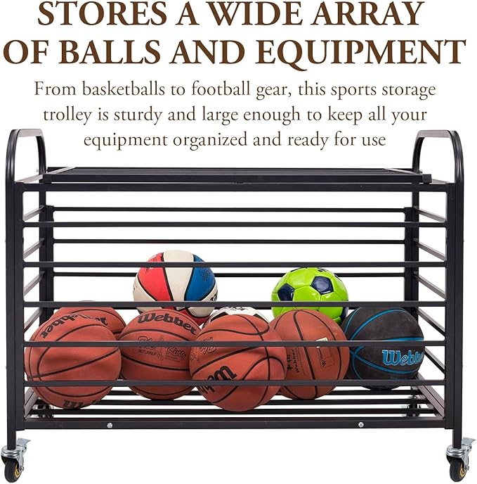 MyGift Professional Black Metal Rolling Sports Ball Storage Cart with Lid