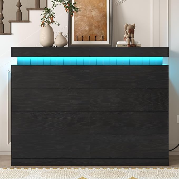 Tall Black 8 Dresser for Bedroom, Sliding Top Storage Space, Modern Wood Drawers with LED Light and Power Outlet, Large Chest of Drawer for Living Room, Hallway, Entryway (8 Drawers,Black)