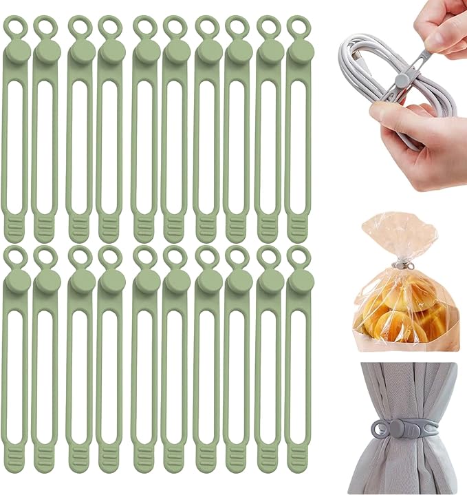 Data Cable Organizer, Silicone Cable Ties Reusable - Elastic Cord Organizer for Electronics, Adjustable Wire Ties for Cable Management,Computer Wires,Phone Charger,Earphone,Home Office (Green, 30PCS)