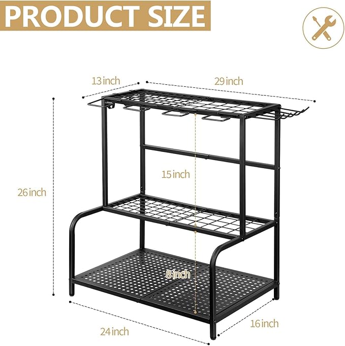 Garden Tool Storage Rack, 3 Tier Heavy-Duty Steel Garden Tool Organizer Stand Up To 70 Long Handled Shovels/Rakes/Brooms, 24×16×26inch Garage Tool Shelf for Shed, Yard, Garage