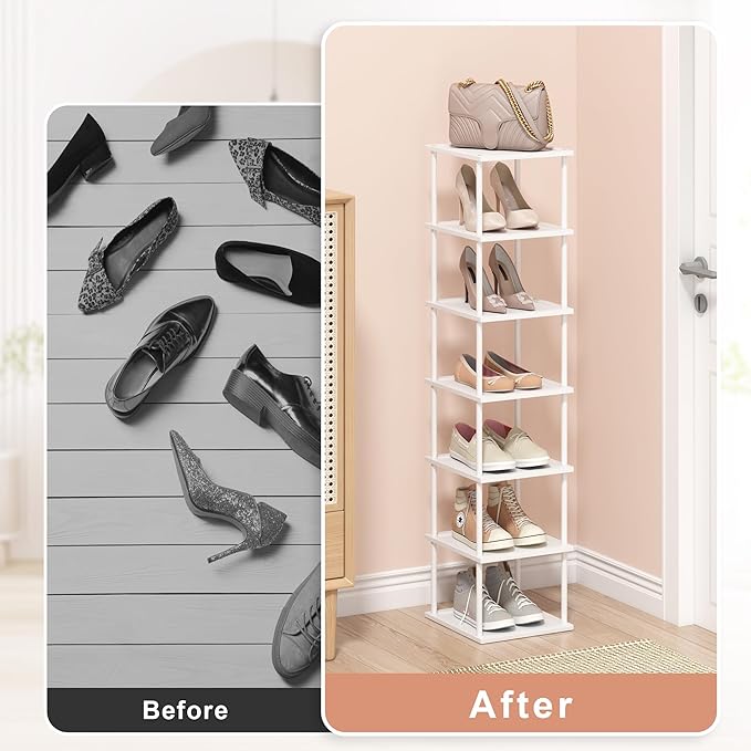 Bamboo Free Standing Shoe Rack Shelf Multi Tier Tall Wooden Stackable Shoes Rack Organizer for Closet Front Door Entrance Narrow Vertical Shoe Storage Rack for Corner Stand (White, 7 Tiers)
