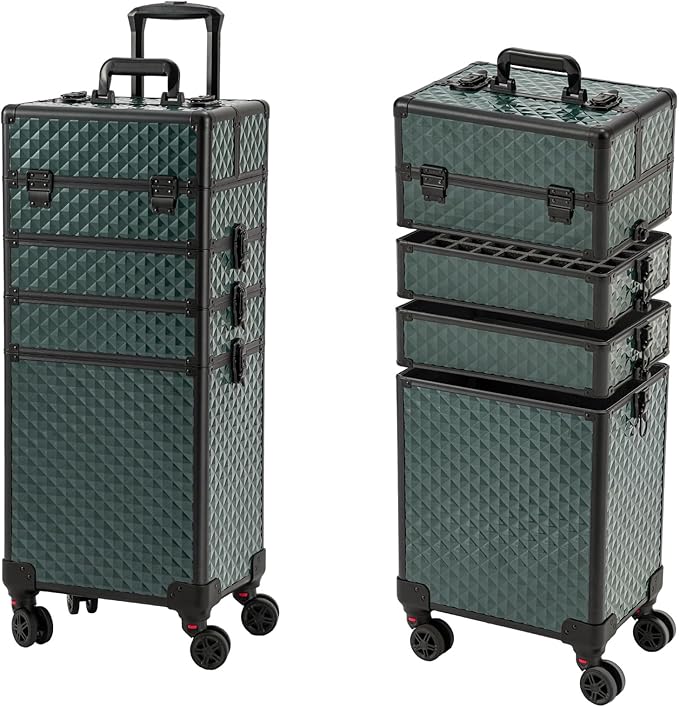 Leeora&Leekoo Portable Multi-Storey Nail Case for Nail Tech Organizer - Wheels Makeup Case Organizer, Cosmetic Case, Makeup Train Case, Make Up Case (Dark Green)