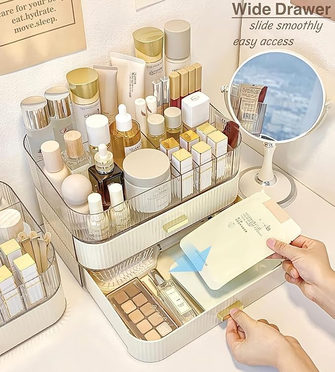 Makeup Organizer with Stackable Drawers, Bathroom Countertop Vanity Organizers and Storage, Ideal for Desk and Dresser, Great for Cosmetics, skin Care, Lipsticks, Nail Care -Cream White