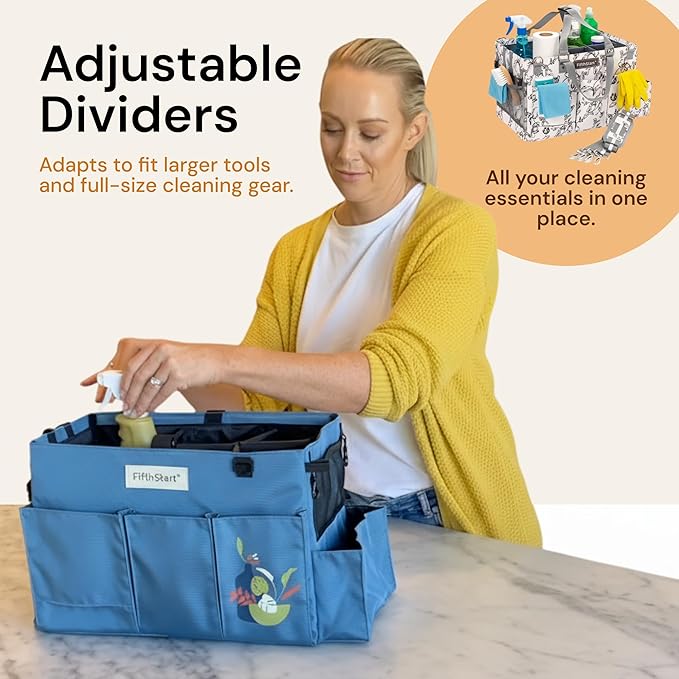 FifthStart Cleaning Caddy Organizer with Handle & Waist/Shoulder Straps - 9 Compartments & Mesh Base - Portable Cleaning Supply Caddy with Waste Bag Dispenser (Beige Floar, Large)
