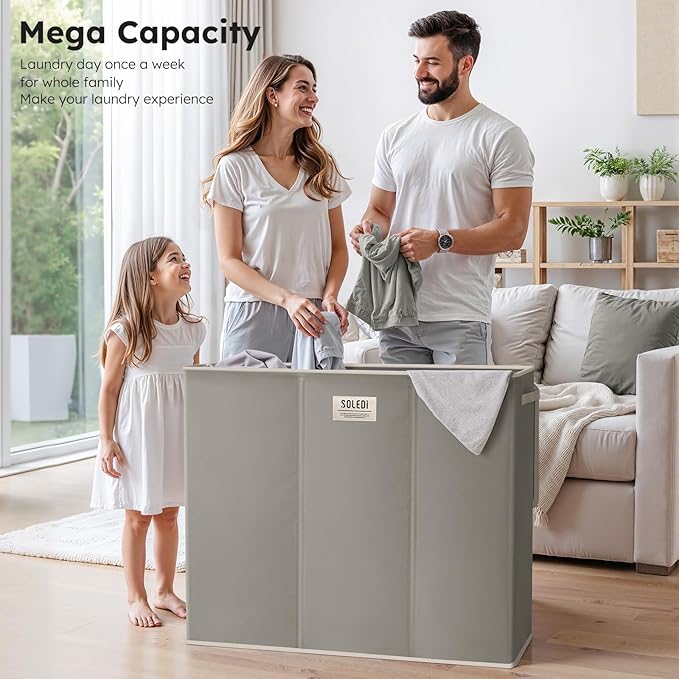 SOLEDI 180L 3-Section Laundry Hamper with Lid, Extra Large Dirty Clothes Basket with Sturdy Handles for Laundry Room & Bedroom - Durable Organizer for Sorting Laundry