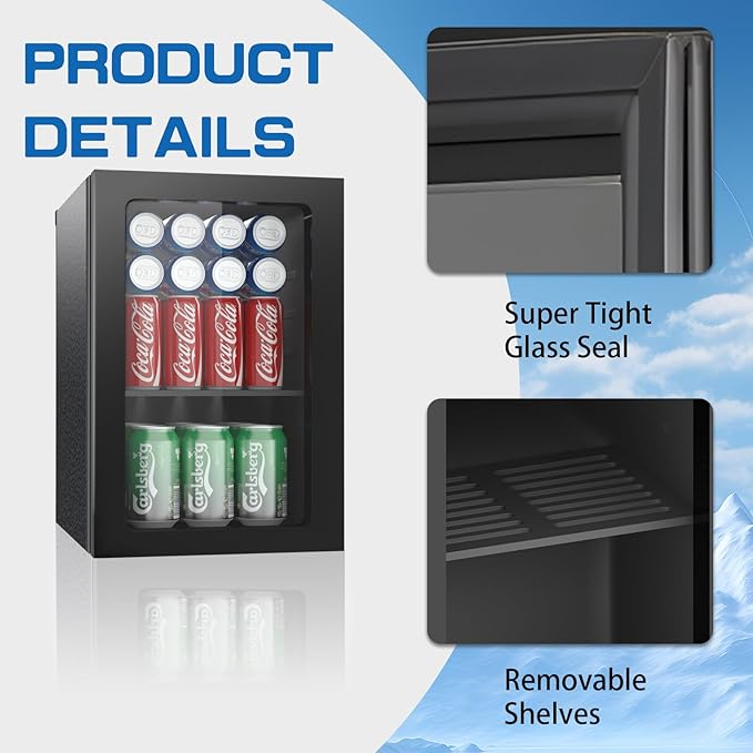 Compact Freestanding Beverage Refrigerator,24 Can/0.9 Cubic Feet Mini Fridge with Reversible Glass Front Door for Soda, Beer or Wine, Under Counter Small Refrigerator with Adjustable Shelves