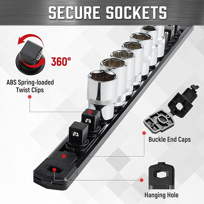 ALOANES 3-Piece Magnetic Socket Organizer, Heavy Duty Aluminum Socket Rails Organizer, 360° Swivel Clips Socket Holder Kit for Tool Box, 3/8-Inch Socket Holder x 42 Clips (Black)