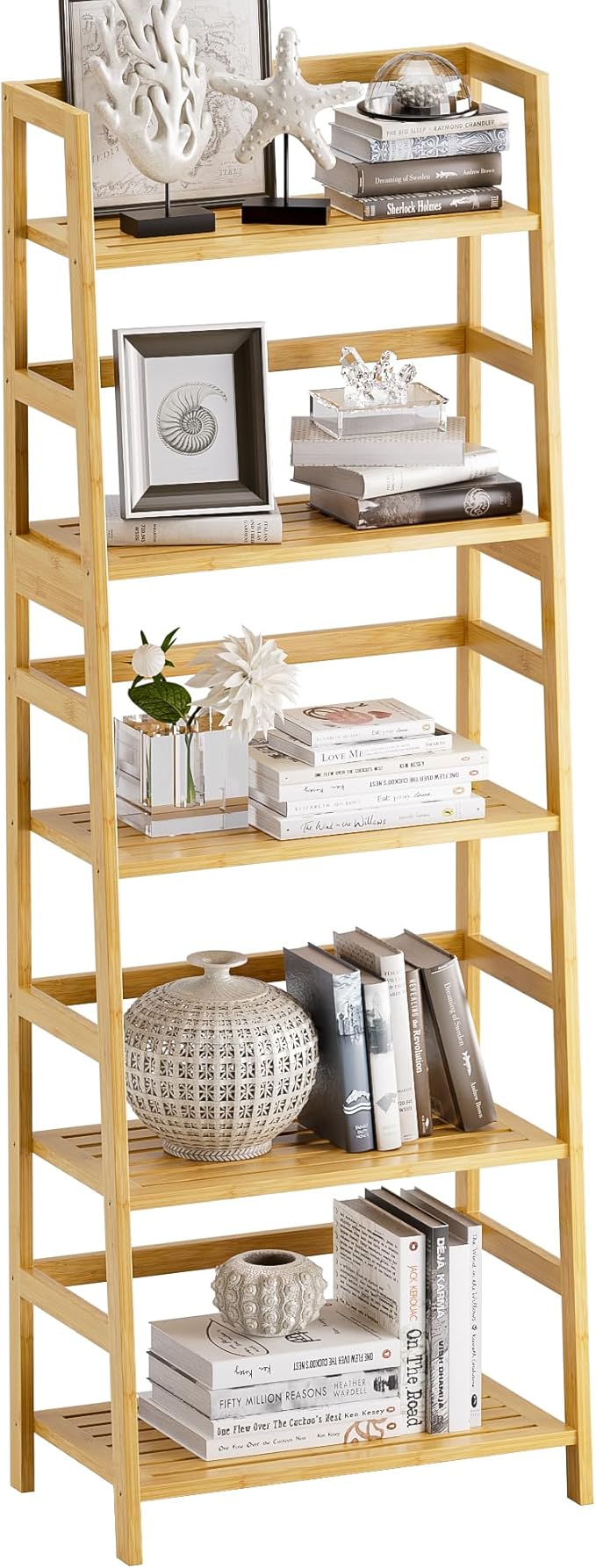 Ladder Shelf, 5-Tier Bookshelf, All Bamboo Heavy Duty Bookcase, Freestanding Open Wood Storage Rack, Modern Corner Display Plant Stand for Living Room, Home Office, Bathroom, Bedroom, Natural