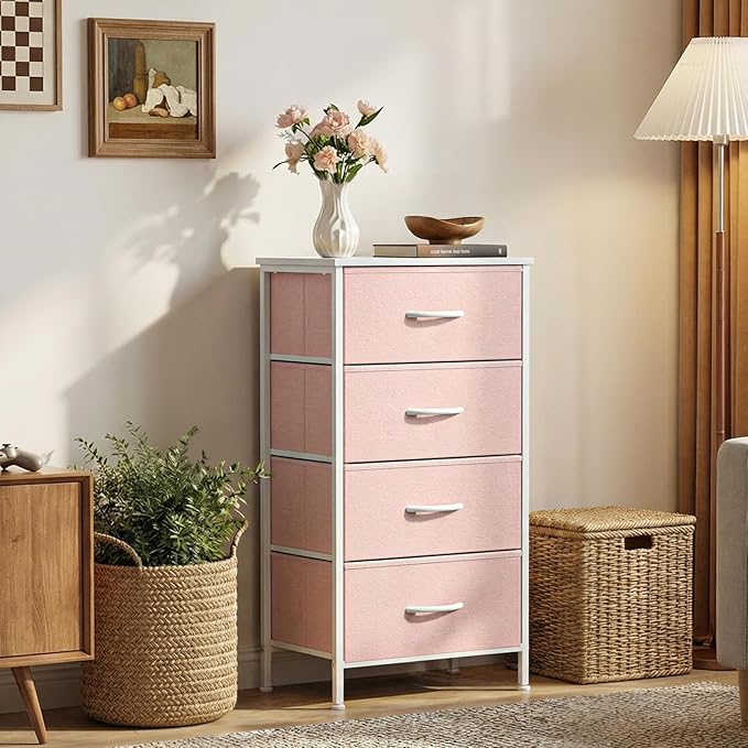 Sweetcrispy Nightstand Small Bedroom Dresser with 4 Fabric Drawers,Bed Side Furniture End Table,Wooden Top Cabinet Night Stand Dresser for Closet,Entryway,Dorm,Pink