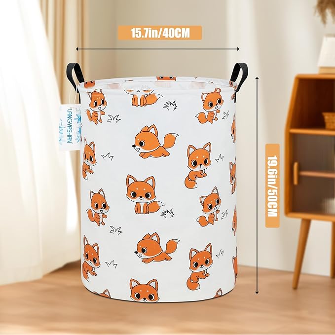 LANGYASHAN Laundry Basket Canvas Fabric Collapsible Organizer Basket for Storage Bin Toy Bins Gift Baskets Bedroom Clothes Children Nursery Hamper (Round Fox)