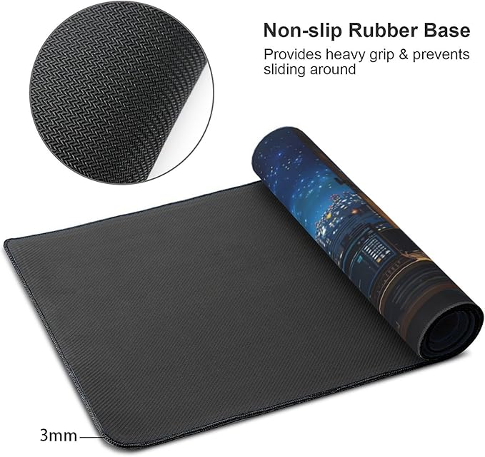 City Night from The Study Window Large Mouse Pad, Anime Style Gaming Desk Mat, XXL Keyboard Desk Pad Mat for Desktop, 35.4"x15.7" Non-Slip Base Big Mousepad with Stitched Edges