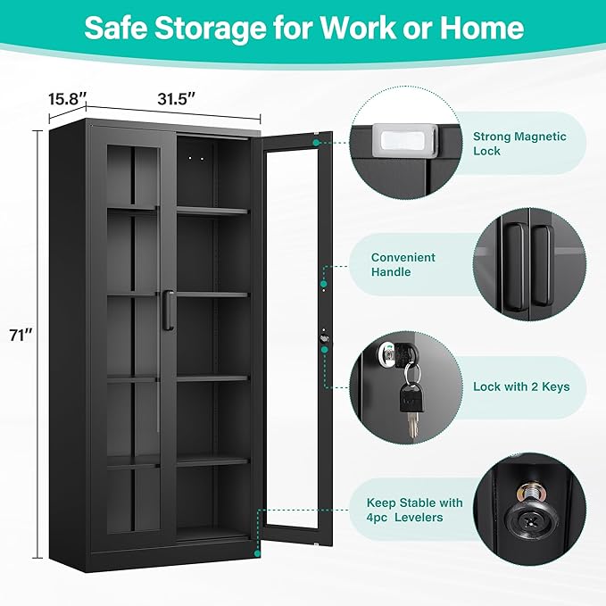 Metal Storage Cabinet with Lock and Glass Doors,Glass Display Cabinet,Black Storage Cabinets,Locking Curio Cabinets with 5 Shelves for Collectibles,Home,Office,Living Room