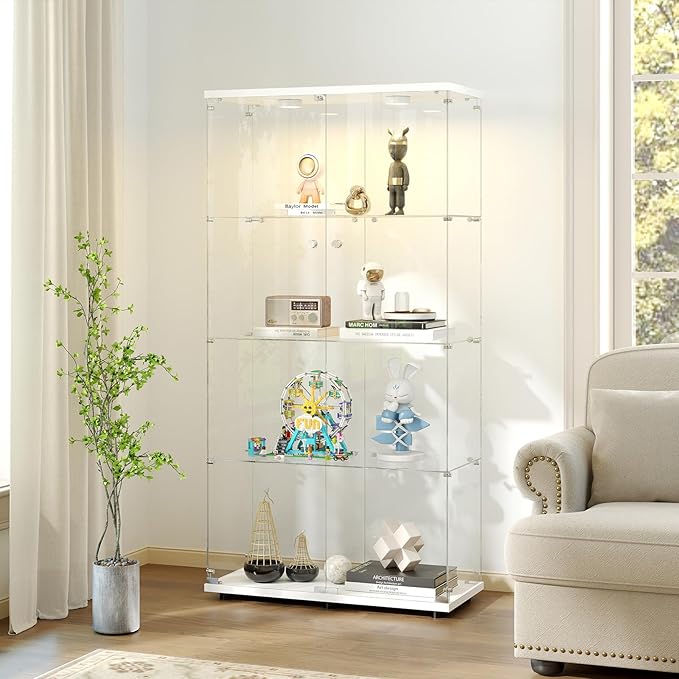 Tempered Glass Display Cabinet with Lights, 4-Tier Curio Cabinet with Glass Doors and Lock, Glass Display Case for Collectibles, for Living Room, Bedroom, Office, Double Door, White