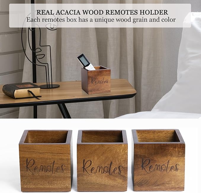 Acacia Wood TV Remote Holder, Caddy and Organizer for Table, Vintage Farmhouse Desk Caddy (Brown for 2 or 3 Remote Controls)