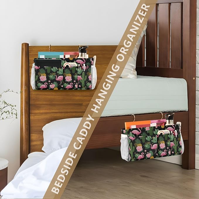 Black Flamingo and Cactus Pineapple Flower Tropical02 Bedside Caddy for Dorm Bed Bedside Hanging Caddy Bag Iron Frame Storage Organizer Pocket for Bunk Home College Hospital Beds 2 Hooks