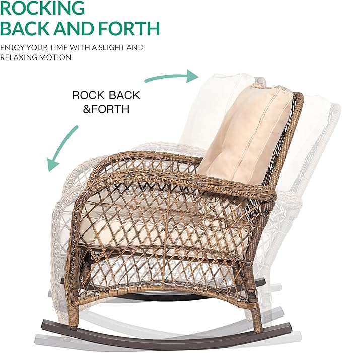 VIVIJASON Outdoor Wicker Rocking Chair, Patio Rattan Rocker Chair with Cushions & Steel Frame, All-Weather Rocking Lawn Wicker Furniture for Garden Backyard Porch (Beige)