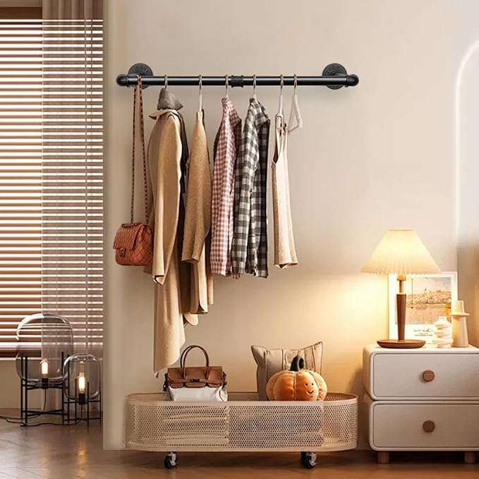 Industrial Iron Pipe Clothes Hanging Bar DIY Wall-Mounted Garment Rack Heavy Duty Clothing Rack for Bedroom, Laundry Room, Closet Storage (Black 24 inch)