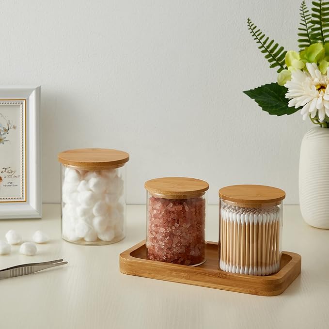 Glass Qtip Holder Dispenser with Bamboo Lid - 2 Pack Apothecary Jars - Cotton Balls Pads Swabs Holder Jar - Bathroom Vanity Canisters Jars for Countertop Storage and Organization
