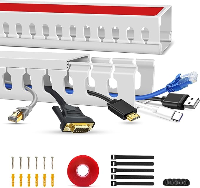 Cable Duct Management Raceway Kit, 31.4" (2 x 15.7) Server Rack Management, Hide Network HDMI VGA Cables, Open Slot Track Desk Wire Channel, White 2 Pack