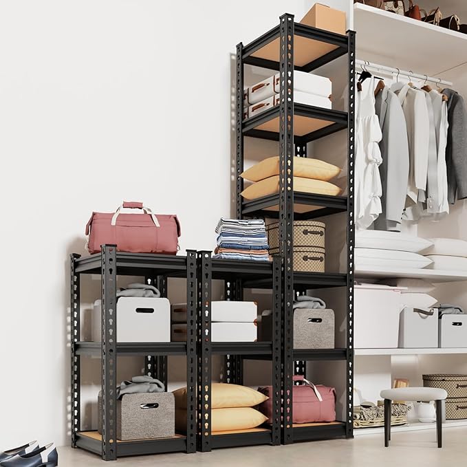 Karl home 6-Tier Metal Shelving Unit, Heavy Duty Shelf Organizer & Storage Rack,Adjustable Height Storage Shelve, Black Metal & Natural Wood Display Shelf for Garage, Kitchen, Pantry