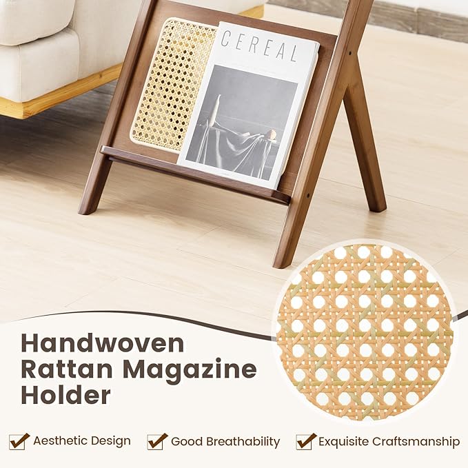 GOFLAME Rattan Side Table Set of 2, Z-Shaped End Table with Tempered Glass Top, Magazine Rack, Boho Night Stand, Small Coffee Table, Bamboo Accent Bedside Table for Living Room, Bedroom, Walnut