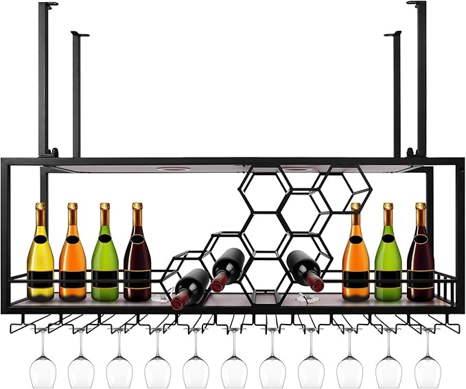 Metal Hanging Wine Rack Hanging Organizer Ceiling Bar Wine Glass Rack with Glass Holder and Shelf Multi Functionl Wine Bottle Holder Organizer, for Bar Cafe Kitchen