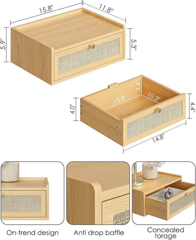Floating Nightstand,Wall Mounted Night Stand with Drawer,Small Floating Shelves,Floating Wood Bedside Table for Bedroom、Living Room、Bathroom