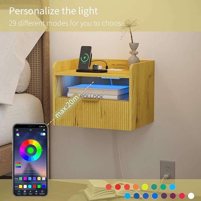 Floating Nightstand with Charging Station and LED Lights (Yellow Oak)