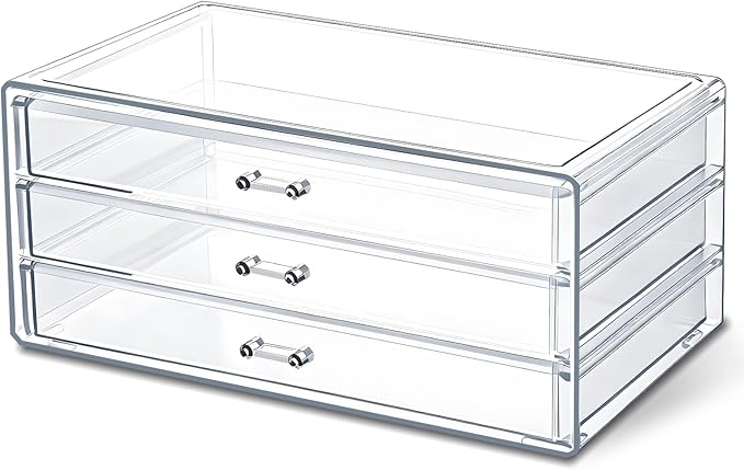 Acrylic Drawers Stackable, 9.3 X 5.3 X 4 Inch Stackable Makeup Organizer Acrylic 3 Drawer Storage Organizers Clear Stationery Organizer for Dresser, Bathroom, Vanity, Countertop