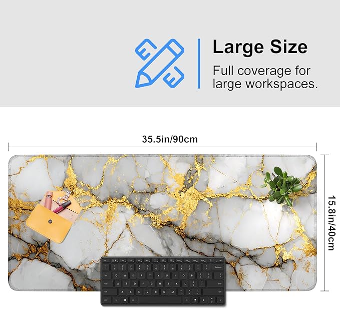 White Marble Mouse Pad – Large Extended Desk Mat 35.43 x 15.75 in – Elegant Gold Vein Design, Non-Slip Rubber Base, Waterproof Surface, Keyboard & Mouse Pad for Office, Gaming, Home Decor