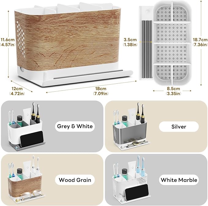 Bathroom Organizers and Storage 6 Slots Wood Grain Electric Toothbrush Holders with Phone Holder and Adjustable Dividers, Cord-Friendly Toothbrush Organizer with Drainage for Family, Kids