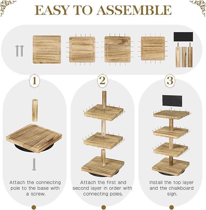 LadyRosian 3-Tier Wooden Rotating Jewelry Display Stand | Bracelet & Keychain Organizer with Advertising Board | 48 Hooks Rustic Holder for Vendor Booth & Stores (3-Tier Square Slot Display)