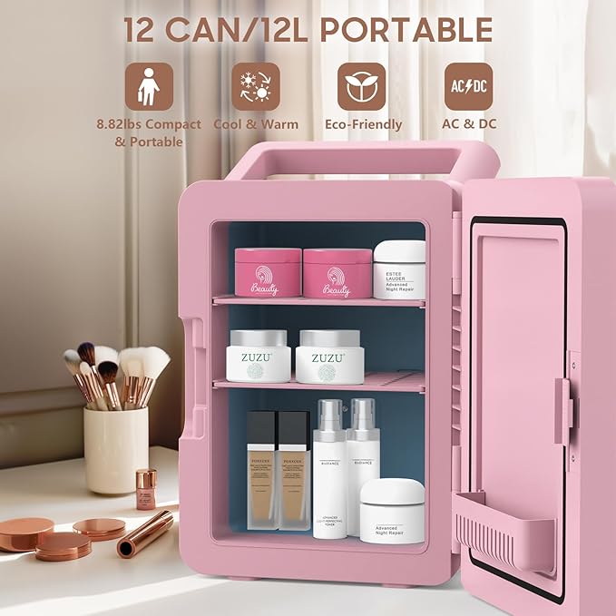 advwin 12L Mini Skincare Fridge with Dimmable LED Light Mirror, Makeup Fridge for Cooler & Warmer, Cosmetics, Beauty, Food & Drinks, Portable Small Refrigerator for Bedroom, Office, Dorm (12L pink)