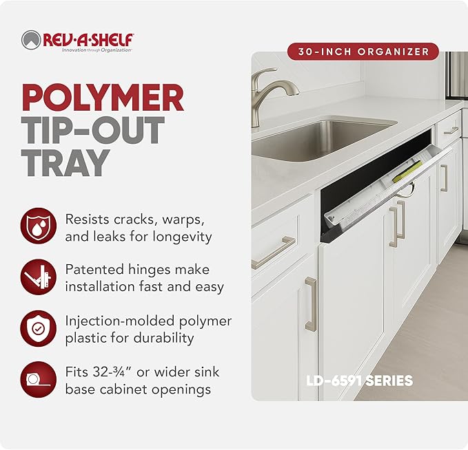 Rev-A-Shelf 30" Tip-Out Plastic Sink Tray for Kitchen and Bathroom Base Cabinets, Large Pullout Vanity Shelf Home Organizer, White, LD-6591-30-11-1