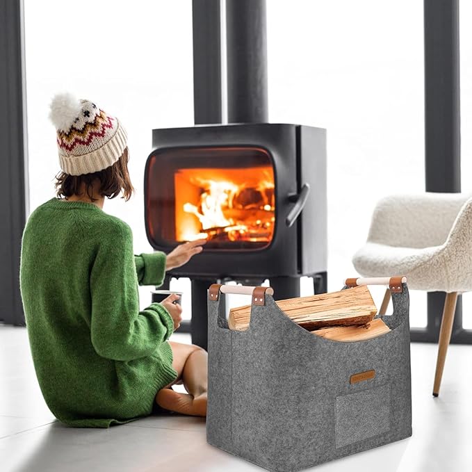 XL 4MM Felt Firewood Carrier | Log Carrier for Firewood | Wood Container with Extra Thick Felt Foldable & Reinforced Handle | Storage Basket for Shopping, Firewood, Logs, Newspaper (MEDIUM GRAY)