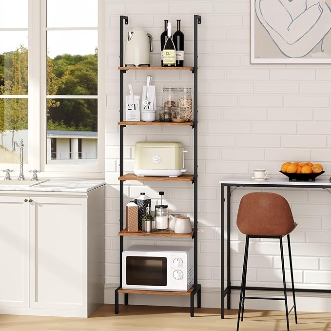Ladder Shelf, 5-Tier Bookshelf, Ladder Bookcase with Wall Mount, Heavy Duty Industrial Style Storage Rack for Living Room, Office, Kitchen, Bedroom, Rustic Brown and Black LSHR5501