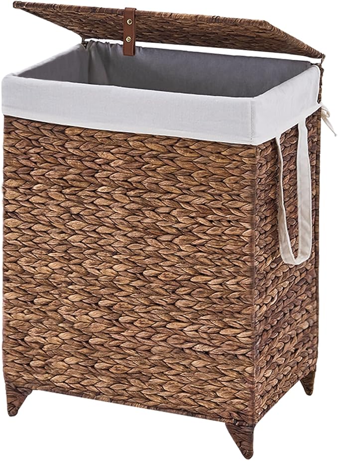 Laundry Hamper with Lid and Removable Liner Bag, Handwoven Natural Hyacinth Clothes Hamper with Heightened Feet, Wicker Laundry Basket for Clothes and Towels，Middle
