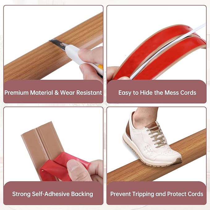 Floor Cord Cover Self Adhesive Cord Hider Floor Extension Cord Covers for Floor Power Cord Protector Cable Management Prevent Cable Trips Cable Cavity 0.47" W x 0.27" H (Light Brown Wood, 20Ft)